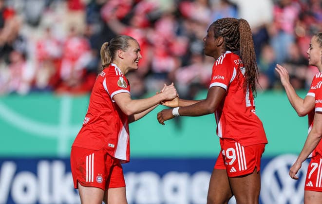 GER, Munich, FC Bayern Munich vs SGS Essen, DFB Cup Women, Football, DFB, 2025 2026 season, FC Bayern Campus, semi-final in the picture Edna Imade FC Bayern Munich , goal to 4 0, goal, jubilation and joy, emotions with Magdalena Eriksson Bayern Munich 5 DFB DFL REGULATIONS PROHIBIT ANY USE OF PHOTOGRAPHS AS IMAGE SEQUENCES AND OR QUASI VIDEO, 06 04 2026 Copyright: HMBxMedia HendrikxHamelau