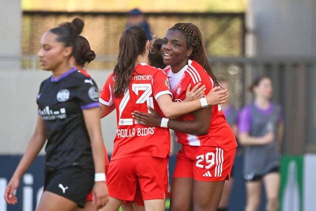 Goal celebration Edna IMADE FCB after goal to 4 0, cheering,joy,enthusiasm with Natalia PADILLA BIDAS FCB ,Action FC Bayern Muenchen SGS Essen Soccer DFB Cup Semifinal Women on 06 04 2026 FC BAYERN CAMPUS