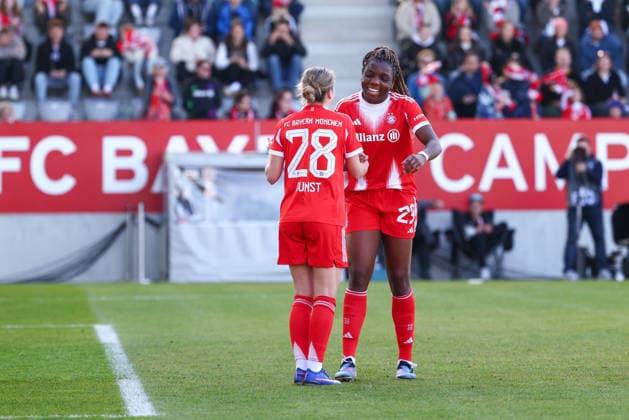 Edna Imade 29, FC Bayern Munich and Barbara Dunst 28, FC Bayern Munich Goal for 4 0 in the match between FC Bayern Munich v SGS Essen, Football, Women, DFB Cup Women, 2025 2026, Semifinal on 06 04 2026 in Munich, FC Bayern Campus Bayern Germany