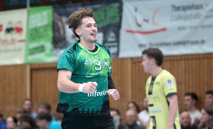 06 04 2026, xfsx, Men, Handball, Season 2025 2026, 3 Liga, Staffel Sued, 16 Matchday Woelfe Wuerzburg SG Koendringen Teningen v li Jonas Krenz Woelfe Wuerzburg jubelt Wuerzburg tectake ARENA Bayern Germany