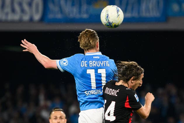 Kevin De Bruyne of SSC Napoli and Luka Modric of AC Milan compete for the ball during the Serie A 2025 2026 football match between SSC Napoli and AC Milan at Diego Armando Maradona stadium in Naples (Italy), April 6, 2026. andreaxstaccioli