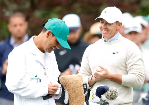 Rory McIlroy of Northern Ireland stands on the 8th fairway during a practice round on the Monday before The Masters Tournament at Augusta National Golf Club on Monday, April 6, 2026 in Augusta, Georgia.  AUG20260406148 JOHNxANGELILLO