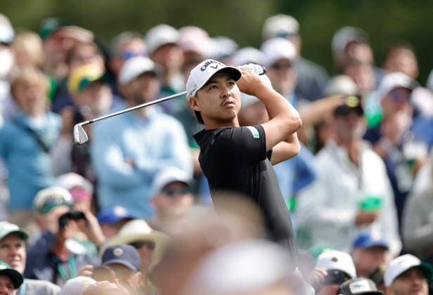 Min Woo Lee of Australia hits a tee shot on the 12th hole during a practice round on the Monday before The Masters Tournament at Augusta National Golf Club on Monday, April 6, 2026 in Augusta, Georgia.  AUG20260406133 JOHNxANGELILLO