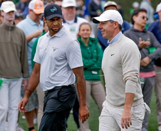 Masters Tournament golf - practice round Aaron Rai (L) of England and Rory McIlroy (R) of Northern Ireland walk to the tee on the eighth hole during a practice round for the 2026 Masters Tournament at the Augusta National Golf Club in Augusta, Georgia, USA, 06 April 2026. The Masters golf tournament begins 09 April 2026. AUGUSTA GEORGIA United States  Copyright: xERIKxS.xLESSERx