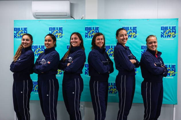 Billie Jean King Cup - Media Day For The Portuguese Team Portuguese National Tennis Team players pose for a team picture (from left to right) Madalena Matias, Gabriela Amorim, Francisca Jorge, Neuza Silva, Matilde Jorge, and Angelina Voloshchuk before the start of the Billie Jean King Cup at Clube de Tenis do Jamor in Lisbon, Portugal, on April 6, 2026. Lisbon Lisboa Portugal  Copyright: xMiguelxReisx originalFilename:reis-notitle260406_nptAc.jpg