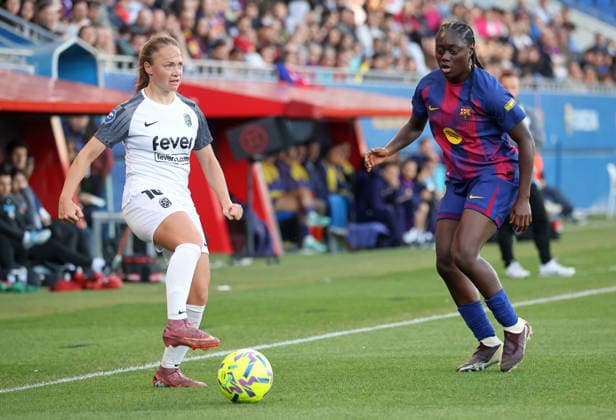 FC Barcelona, Barca Femeni v FC Badalona - Liga F Moeve Estefania Banini and Aisha Camara play during the match between FC Barcelona Femeni and Futbol Club Badalona Women, corresponding to week 25 of the Liga F Moeve, at the Johan Cruyff Stadium in Barcelona, Spain, on April 6, 2026. Barcelona Barcelona Spain  Copyright: xUrbanandsportx originalFilename:urbanandsport-fcbarcel260406_npHiF.jpg