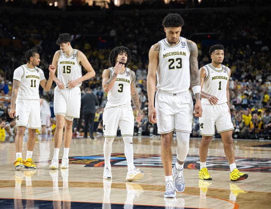 April 6, 2026, Indianapolis, Indiana, USA: Michigans Roddy Gayle Jr, Adam Mara, Elliott Nadeau, Yaxel Lendeborg and Try McKinney take to the court against UConn during the NCAA, College League, USA Mens Basketball Championship. Michigan went on to win, 69-63. Monday, April 7, 2026. Indiana Sports - April 6, 2026  - ZUMAr44_ 20260406_zsp_r44_007 Copyright: xThomasxJ.xRussox