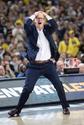 April 6, 2026, Indianapolis, Indiana, USA: UConn head coach Dan Hurley reacts in the second half against Michigan during the NCAA, College League, USA Mens Basketball Championship. Michigan went on to win 69-63. Monday, April 7, 2026. Indiana Sports - April 6, 2026  - ZUMAr44_ 20260406_zsp_r44_021 Copyright: xThomasxJ.xRussox
