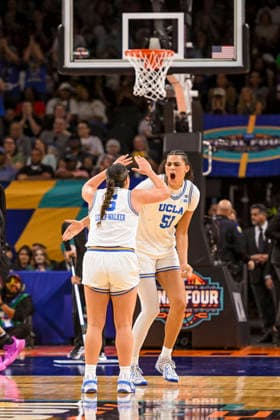 NCAA, College League, USA Final Four Basketball: South Carolina Gamecocks at UCLA Bruins UCLA Bruins center Lauren Betts (51) celebrates after a block in the second half of the NCAA Final Four basketball game against the South Carolina Gamecocks in Phoenix, Arizona, Sunday, April 5, 2026. UCLA defeated South Carolina 79-51 (Thomas Fernandez Image of . Phoenix Arizona United States EDITORIAL USE ONLY Copyright: xImagexofxSportx ThomasxFernandezx iosphotos404913