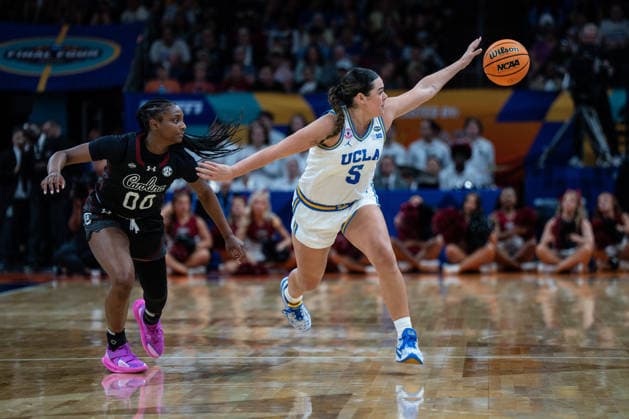 NCAA, College League, USA Basketball: NCAA Tournament Final Four Championship-South Carolina vs UCLA UCLA Bruins guard Charlisse Leger-Walker (5) looses possession against South Carolina Gamecocks guard Ta niya Latson (00) during the championship game of the women s 2026 NCAA Tournament at Mortgage Matchup Center, Sunday, April 5, 2026, in Phoenix, Arizona. UCLA defeated South Carolina 79-51. (Jon Endow Image of Phoenix Arizona United States EDITORIAL USE ONLY Copyright: xImagexofxSportx JonxEndowx iosphotos405023