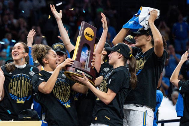 NCAA, College League, USA Basketball: NCAA Tournament Final Four Championship-South Carolina vs UCLA UCLA Bruins guard Kiki Rice (1) and UCLA Bruins guard Gabriela Jaquez (11) raise the trophy after winning the championship game of the women s 2026 NCAA Tournament against the South Carolina Gamecocks at Mortgage Matchup Center, Sunday, April 5, 2026, in Phoenix, Arizona. UCLA defeated South Carolina 79-51. (Jon Endow Image of Phoenix Arizona United States EDITORIAL USE ONLY Copyright: xImagexofxSportx JonxEndowx iosphotos405052