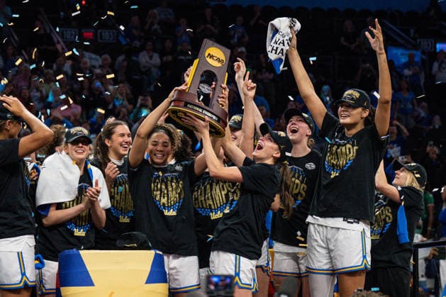 NCAA, College League, USA Basketball: NCAA Tournament Final Four Championship-South Carolina vs UCLA UCLA Bruins guard Kiki Rice (1) and UCLA Bruins guard Gabriela Jaquez (11) raise the trophy after winning the championship game of the women s 2026 NCAA Tournament against the South Carolina Gamecocks at Mortgage Matchup Center, Sunday, April 5, 2026, in Phoenix, Arizona. UCLA defeated South Carolina 79-51. (Jon Endow Image of Phoenix Arizona United States EDITORIAL USE ONLY Copyright: xImagexofxSportx JonxEndowx iosphotos405053