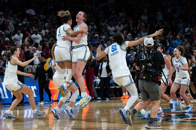 NCAA, College League, USA Basketball: NCAA Tournament Final Four Championship-South Carolina vs UCLA UCLA Bruins forward Amanda Muse (33) and guard Kiki Rice (1) celebrate after winning the championship game of the women s 2026 NCAA Tournament against the South Carolina Gamecocks at Mortgage Matchup Center, Sunday, April 5, 2026, in Phoenix, Arizona. UCLA defeated South Carolina 79-51. (Jon Endow Image of Phoenix Arizona United States EDITORIAL USE ONLY Copyright: xImagexofxSportx JonxEndowx iosphotos405055