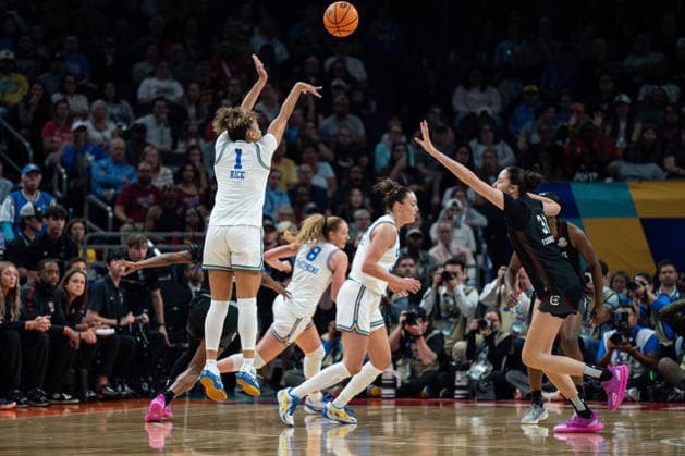 NCAA, College League, USA Basketball: NCAA Tournament Final Four Championship-South Carolina vs UCLA UCLA Bruins guard Kiki Rice (1) shoots over South Carolina Gamecocks forward Alicia Tournebize (31) during the championship game of the women s 2026 NCAA Tournament at Mortgage Matchup Center, Sunday, April 5, 2026, in Phoenix, Arizona. UCLA defeated South Carolina 79-51. (Jon Endow Image of Phoenix Arizona United States EDITORIAL USE ONLY Copyright: xImagexofxSportx JonxEndowx iosphotos405078