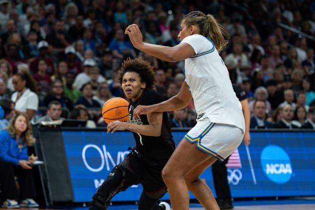 NCAA, College League, USA Basketball: NCAA Tournament Final Four Championship-South Carolina vs UCLA South Carolina Gamecocks guard Maddy McDaniel (1) drives against UCLA Bruins forward Sienna Betts (16) during the championship game of the women s 2026 NCAA Tournament at Mortgage Matchup Center, Sunday, April 5, 2026, in Phoenix, Arizona. UCLA defeated South Carolina 79-51. (Jon Endow Image of Phoenix Arizona United States EDITORIAL USE ONLY Copyright: xImagexofxSportx JonxEndowx iosphotos405081