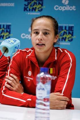 Belgian Hanne Vandewinkel pictured during a press conference, PK, Pressekonferenz of Belgian team ahead of the meeting between Belgium and USA, in the qualifiers of the Billie Jean King Cup tennis, in Oostende, Belgium, on Tuesday 07 April 2026. The game will be played on 10 and 11th April. PHOTO KURTxDESPLENTER  x170055271x