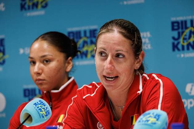 Belgian Sofia Costoulas and Belgian Magali Kempen pictured during a press conference, PK, Pressekonferenz of Belgian team ahead of the meeting between Belgium and USA, in the qualifiers of the Billie Jean King Cup tennis, in Oostende, Belgium, on Tuesday 07 April 2026. The game will be played on 10 and 11th April. PHOTO KURTxDESPLENTER  x170055632x