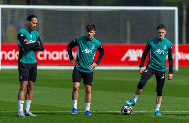 Football - UEFA Champions League - Quarter-FInal - 1st Leg - Paris Saint-Germain FC v Liverpool FC - MD-1 LIVERPOOL, ENGLAND - Tuesday, April 7, 2026: Liverpool s (L-R) captain Virgil van Dijk, Milos Kerkez and Florian Wirtz during a training session at the AXA Training Centre ahead of the UEFA Champions League Quarter-Final 1st Leg match between Paris Saint-Germain FC and Liverpool FC. (Photo by David Rawcliffe Propaganda) LIVERPOOL AXA Training Centre MERSEYSIDE ENGLAND  Copyright: xDavidxRawcliffex P2026-04-07-PSG_Liverpool_MD-1-4