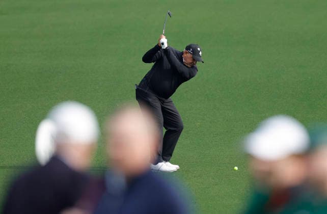 Ángel Cabrera of Argentina waits hits his second shot on the 8th hole during a practice round on the Tuesday before The Masters Tournament at Augusta National Golf Club on Tuesday, April 7, 2026 in Augusta, Georgia.  AUG20260407110 JOHNxANGELILLO