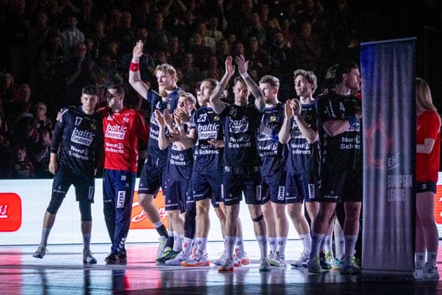 FLENSBURG, GERMANY - APRIL 7: team SG Flensburg-Handewitt before the game during the EHF European League Play-Offs Return Leg between SG Flensburg-Handewitt vs SAH - Aarhus at GP JOULE Arena on April 7, 2026 in Flensburg, Germany. Schleswig-Holstein Germany Copyright: xMarioxM.xKobergx
