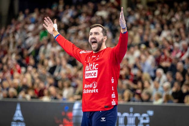 FLENSBURG, GERMANY - APRIL 7: goalie celebration joy after saved ball Benjamin Buric (SG Flensburg-Handewitt, 01) during the EHF European League Play-Offs Return Leg between SG Flensburg-Handewitt vs SAH - Aarhus at GP JOULE Arena on April 7, 2026 in Flensburg, Germany. Schleswig-Holstein Germany Copyright: xMarioxM.xKobergx