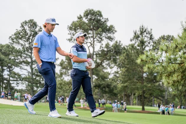 260407 Kristoffer Reitan of Norway and Viktor Hovland of Norway during a practice round prior to the 2026 Masters Golf Tournament on April 7, 2026 in Augusta Photo Petter Arvidson BILDBYRAN kod PA PA1191 golf masters bbeng the masters augusta norge  Copyright: PETTERxARVIDSON BB260407PA015