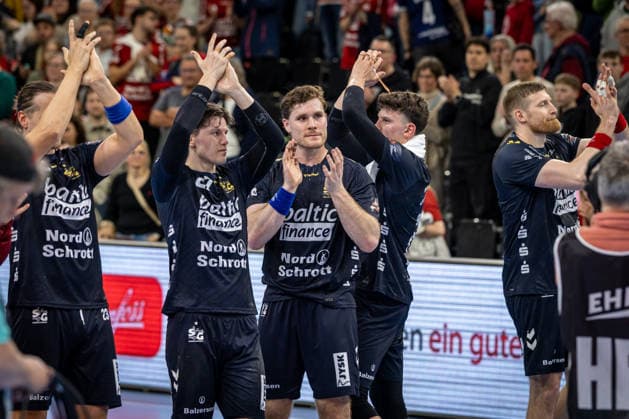 FLENSBURG, GERMANY - APRIL 7: team SG Flensburg-Handewitt after the game during the EHF European League Play-Offs Return Leg between SG Flensburg-Handewitt vs SAH - Aarhus at GP JOULE Arena on April 7, 2026 in Flensburg, Germany. Schleswig-Holstein Germany Copyright: xMarioxM.xKobergx