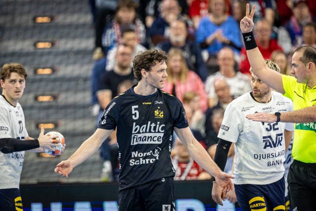 FLENSBURG, GERMANY - APRIL 7: Niclas Kirkelokke (SG Flensburg-Handewitt, 05) gestures during the EHF European League Play-Offs Return Leg between SG Flensburg-Handewitt vs SAH - Aarhus at GP JOULE Arena on April 7, 2026 in Flensburg, Germany. Schleswig-Holstein Germany Copyright: xMarioxM.xKobergx
