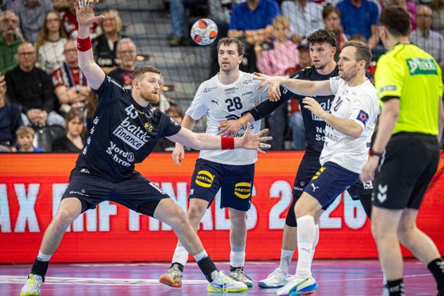 FLENSBURG, GERMANY - APRIL 7: SAH - Aarhus in attack during the EHF European League Play-Offs Return Leg between SG Flensburg-Handewitt vs SAH - Aarhus at GP JOULE Arena on April 7, 2026 in Flensburg, Germany. Schleswig-Holstein Germany Copyright: xMarioxM.xKobergx