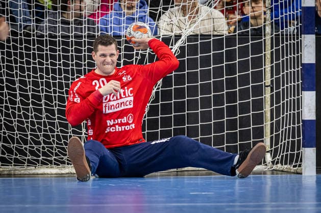 FLENSBURG, GERMANY - APRIL 7: Kevin Moller (SG Flensburg-Handewitt, 20) during the EHF European League Play-Offs Return Leg between SG Flensburg-Handewitt vs SAH - Aarhus at GP JOULE Arena on April 7, 2026 in Flensburg, Germany. Schleswig-Holstein Germany Copyright: xMarioxM.xKobergx