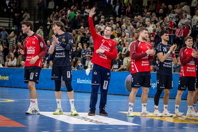 FLENSBURG, GERMANY - APRIL 7: team SG Flensburg-Handewitt after the game during the EHF European League Play-Offs Return Leg between SG Flensburg-Handewitt vs SAH - Aarhus at GP JOULE Arena on April 7, 2026 in Flensburg, Germany. Schleswig-Holstein Germany Copyright: xMarioxM.xKobergx