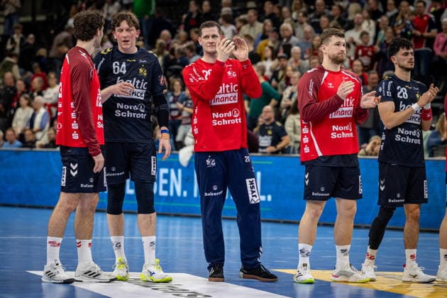 FLENSBURG, GERMANY - APRIL 7: team SG Flensburg-Handewitt after the game during the EHF European League Play-Offs Return Leg between SG Flensburg-Handewitt vs SAH - Aarhus at GP JOULE Arena on April 7, 2026 in Flensburg, Germany. Schleswig-Holstein Germany Copyright: xMarioxM.xKobergx