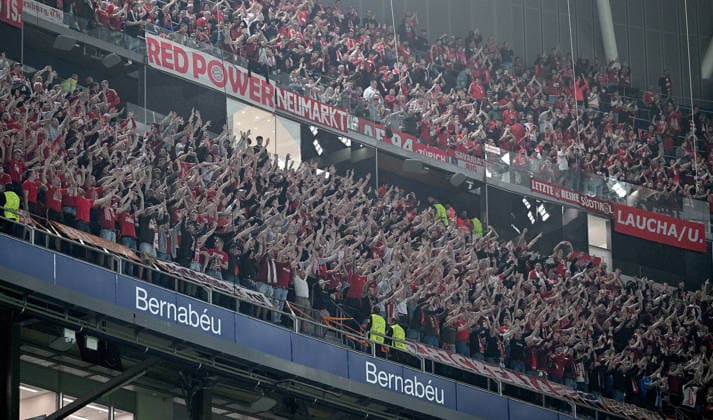 FOOTBALL CHAMPIONS LEAGUE SEASON 2025 2026 Quarter-final first leg 07 04 2026 Real Madrid FC Bayern Munich FC Bayern fans in the guest fan block of the Santiago Bernabeu stadium