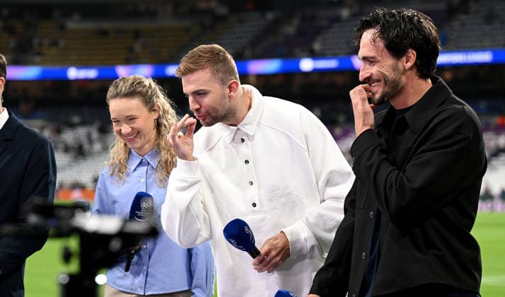 FOOTBALL CHAMPIONS LEAGUE SEASON 2025 2026 Quarter-final first leg 07 04 2026 Real Madrid FC Bayern Muenchen from left , TV Experts Josephine Henning, Christoph Kramer with Mats Hummels