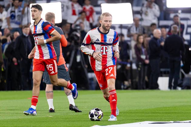 UEFA Champions League 2025 2026 quarter final, Real Madrid FC Bayern Munich, at Estadio Bernabeu in Madrid Spain April 07, 2026, Madrid, Madrid, Spain Konrad Laimer of Bayern Munich during the warm up of the official anthem before the UEFA Champions League 2025 2026 quarter final, Real Madrid FC Bayern Munich, at Estadio Bernabeu in Madrid Spain Madrid Madrid Madrid Spain Copyright: xAlejandroxMatiasx