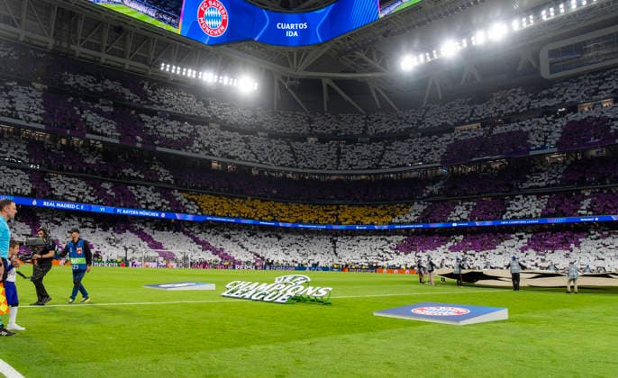 07 04 2026, Soccer UEFA Championsleague 2025 2026 Quarterfinals, Real Madrid FC Bayern Munich, at Estadio Bernabeu in Madrid Spain , stadium overview, long shot, overview, birds eye view, interior view,