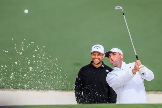 260407 Xander Schauffele of the United States and Scottie Scheffler of the United States during a practice round prior to the 2026 Masters Golf Tournament on April 7, 2026 in Augusta Photo Petter Arvidson BILDBYRAN kod PA PA1191 golf masters bbeng the masters augusta  Copyright: PETTERxARVIDSON BB260407PA083