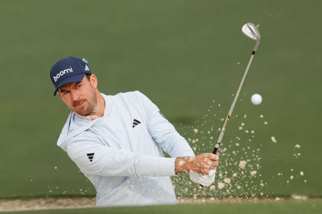 Nick Taylor of Canada hits out of the bunker to the 7th green during a practice round on the Tuesday before The Masters Tournament at Augusta National Golf Club on Tuesday, April 7, 2026 in Augusta, Georgia.  AUG20260407116 JOHNxANGELILLO