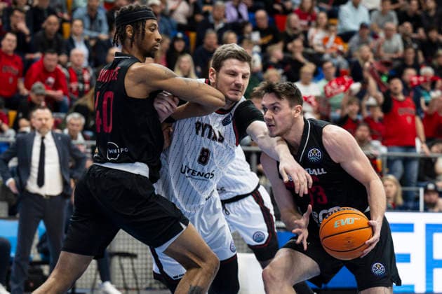 Quarter-final of men s basketball Champions League, 2nd game: Nymburk vs Rytas Vilnius in Prague, Czech Republic, April 7, 2026. From left Frantisek Rylich of Nymburk, Arturas Gudaitis of Vilnius, Jaquan Lawrence of Nymburk. (CTKxPhoto MichalxKamaryt) CTKPhotoP2026040707485  CTKPhotoP2026040707485