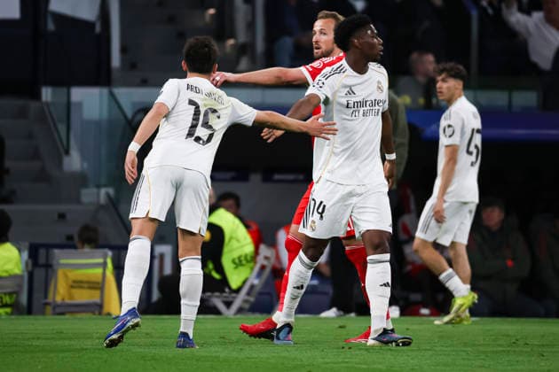 UEFA Champions League 2025 2026 quarter final, Real Madrid FC Bayern Munich, at Estadio Bernabeu in Madrid Spain April 07, 2026, Madrid, Madrid, Spain Arda Guler and Aurelien Tchouameni of Real Madrid during the UEFA Champions League 2025 2026 quarter final, Real Madrid FC Bayern Munich, at Estadio Bernabeu in Madrid Spain Madrid Madrid Madrid Spain Copyright: xAlejandroxMatiasx