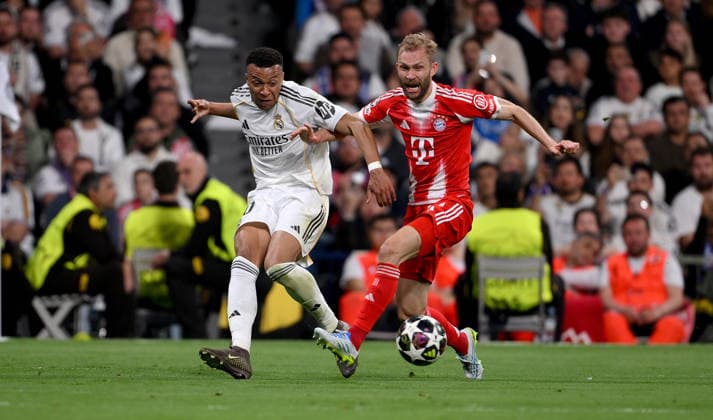 FOOTBALL CHAMPIONS LEAGUE SEASON 2025 2026 Quarter-final first leg 07 04 2026 Real Madrid FC Bayern Muenchen Kylian Mbappe left, Real Madrid v Konrad Laimer right, FC Bayern Muenchen