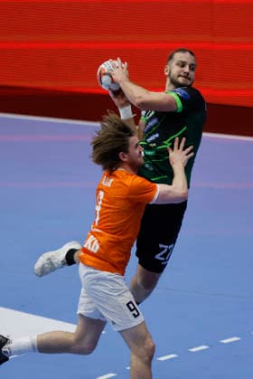 RK Nexe v IFK Kristianstad - EHF European League Men 2025 2026 Luka Moslavac of RK Nexe shoots whilst under pressure from Anton Hallback of IFK Kristianstad during the EHF European League Men 2025 26 play-offs 2nd leg match between RK Nexe and IFK Kristianstad at Sports Hall King Tomislav on April 7, 2026 in Nasice, Croatia.  DavorxJavorovic PIXSELL