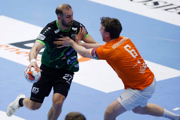 RK Nexe v IFK Kristianstad - EHF European League Men 2025 2026 Luka Moslavac of RK Nexe in action against Philip Henningsson of IFK Kristianstad during the EHF European League Men 2025 26 play-offs 2nd leg match between RK Nexe and IFK Kristianstad at Sports Hall King Tomislav on April 7, 2026 in Nasice, Croatia.  DavorxJavorovic PIXSELL