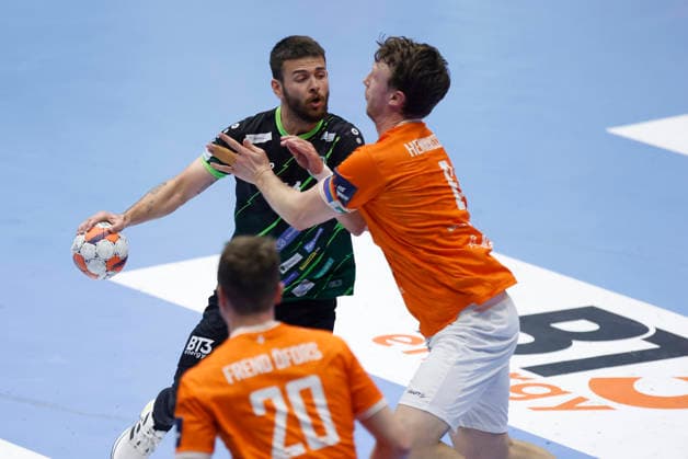 RK Nexe v IFK Kristianstad - EHF European League Men 2025 2026 Tin Kuze of RK Nexe in action against Philip Henningsson of IFK Kristianstad during the EHF European League Men 2025 26 play-offs 2nd leg match between RK Nexe and IFK Kristianstad at Sports Hall King Tomislav on April 7, 2026 in Nasice, Croatia.  DavorxJavorovic PIXSELL