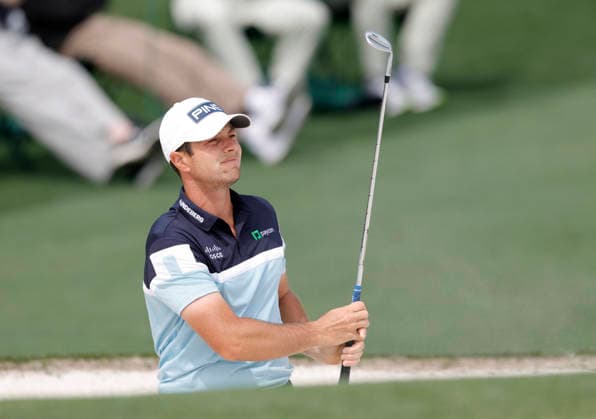 Viktor Hovland of Norway hits out of a bunker to the 7th green during a practice round on the Tuesday before The Masters Tournament at Augusta National Golf Club on Tuesday, April 7, 2026 in Augusta, Georgia.  AUG20260407122 JOHNxANGELILLO