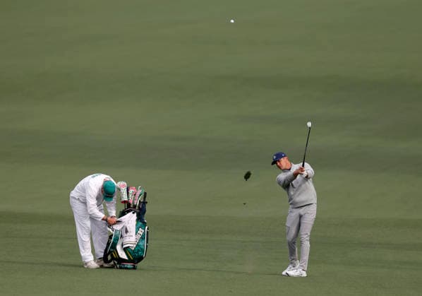 Bryson DeChambeau hits an iron to the 7th green during a practice round on the Tuesday before The Masters Tournament at Augusta National Golf Club on Tuesday, April 7, 2026 in Augusta, Georgia.  AUG20260407136 JOHNxANGELILLO