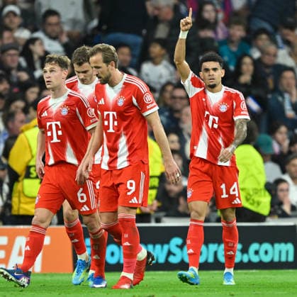 Madrid, Estadio Santiago Bernabeu, 07 04 26, GER, Men, UEFA Champions League, Quarter-final, Season 2025 2026, Real Madrid FC Bayern Muenchen Picture LUIS DIAZ Muenchen cheers after his goal to 0 1 UEFA regulations prohibit any use of photographs as image sequences and or quasi video Spain