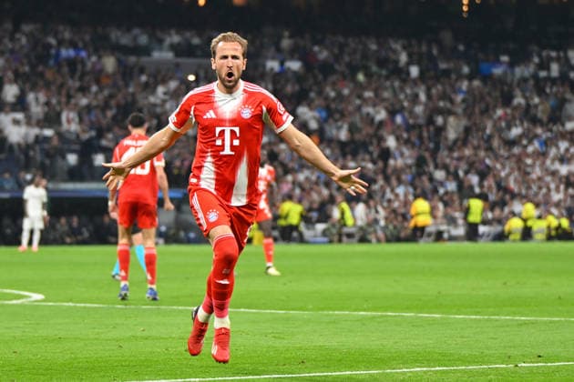 Madrid, Estadio Santiago Bernabeu, 07 04 26, GER, Men, UEFA Champions League, Quarter-final, Season 2025 2026, Real Madrid FC Bayern Muenchen Picture Harry KANE Muenchen cheers after his goal to 0 2 UEFA regulations prohibit any use of photographs as image sequences and or quasi video Spain