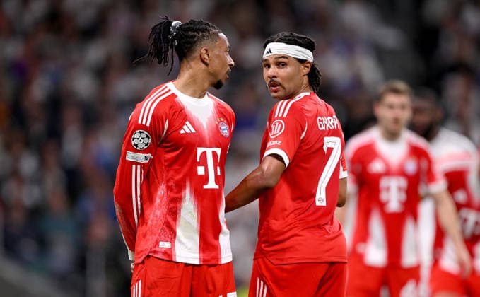 FOOTBALL CHAMPIONS LEAGUE SEASON 2025 2026 Quarter-final first leg 07 04 2026 Real Madrid FC Bayern Muenchen Michael Olise left, FC Bayern Muenchen with Serge Gnabry right, FC Bayern Muenchen