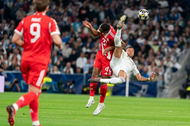 REAL MADRID CF v BAYERN MUNCHEN. CHAMPIONS LEAGUE 2025 2026. QUARTER FINALS. 1ST LEG MATCH. Real Madrid CF s Kylian Mbappe and Bayern Munchen™s Jonathan Tah during Champions League 2025 2026, Quarter-finals, first Leg match. April 7, 2026 (ALTERPHOTOS Tomas Garrido) MadridSpain  Copyright: xTomasxGarridox